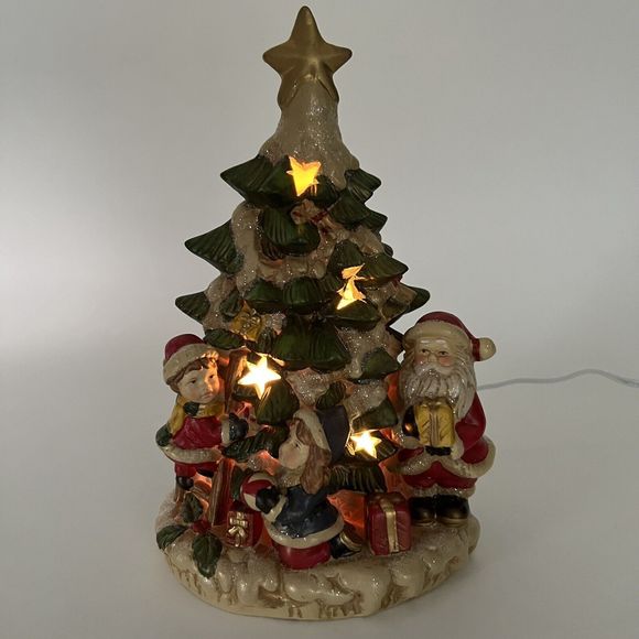 Vtg Opulence Lighted Christmas Tree Ceramic Santa Children Village Lit Stars 10” - Picture 1 of 16
